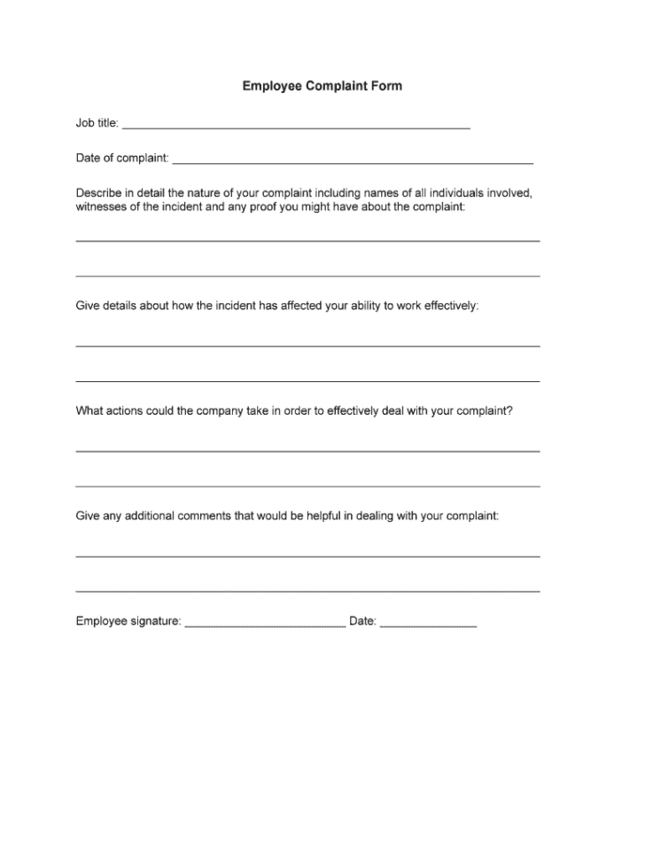 Employee Complaint Form Sample Template