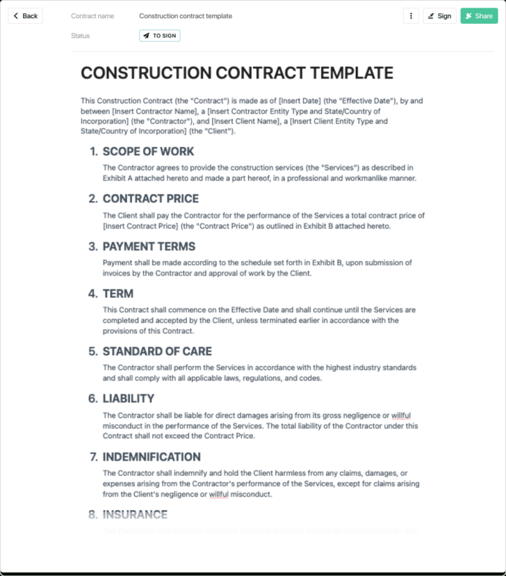 Construction Contract Template Sample