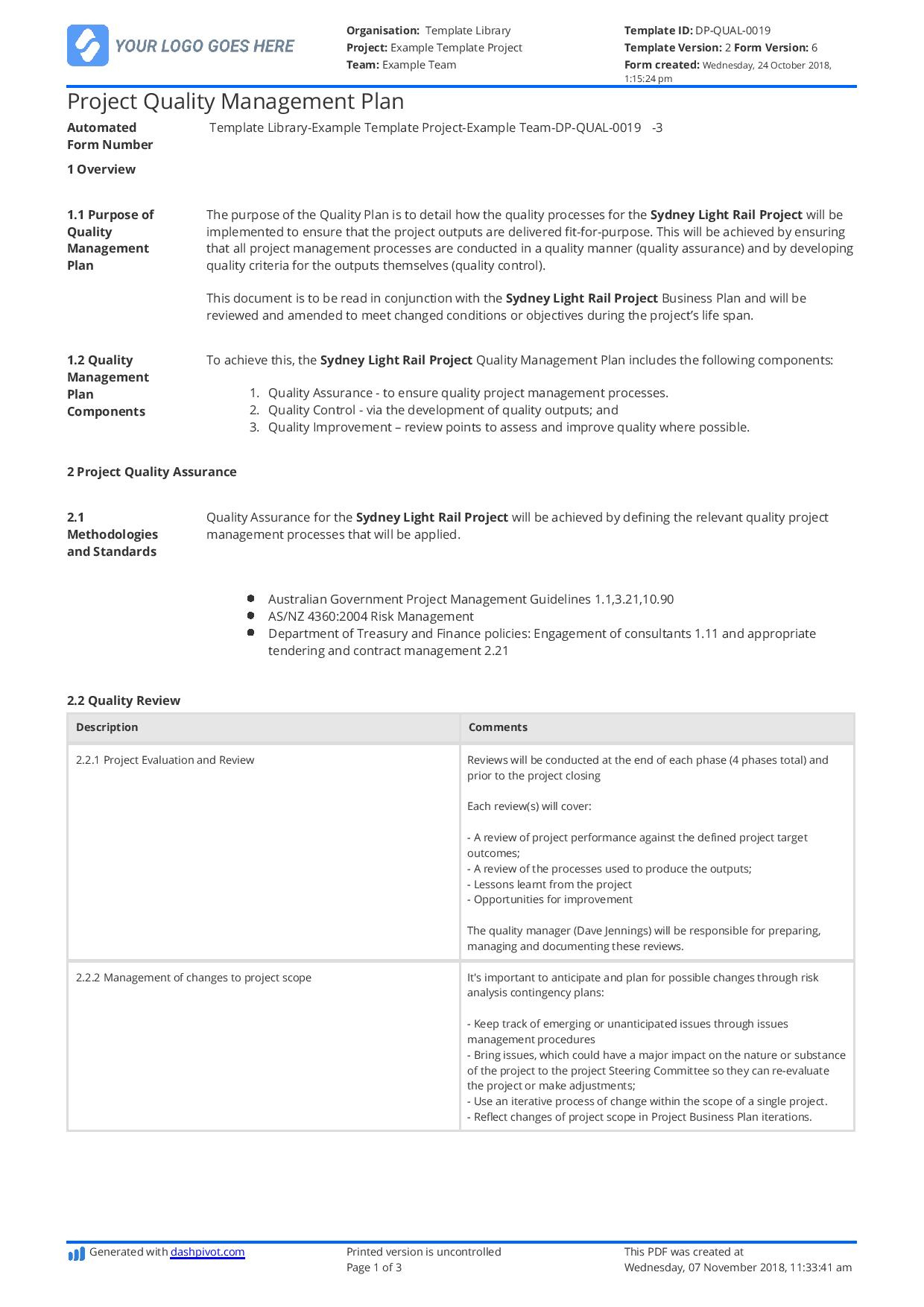 Construction Quality Management Plan: Example And Pdf in Quality Plan Sample Template