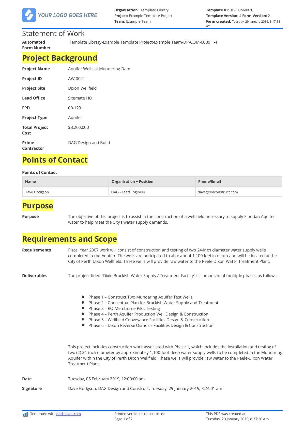 Construction Statement Of Work Example: Free And Customisable regarding Statement Of Work Template Sample