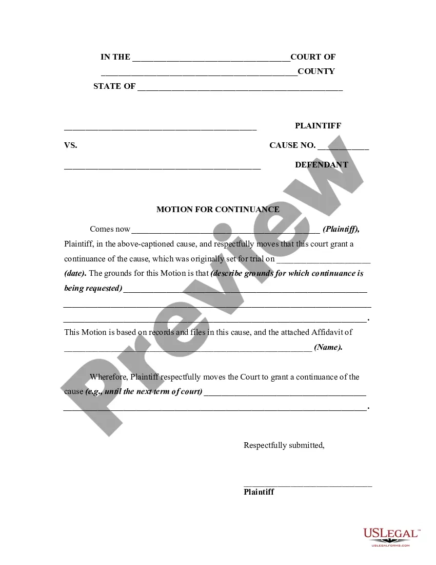 Continuance Form Template For Dismissal | Us Legal Forms with regard to Motion For Continuance Sample Template