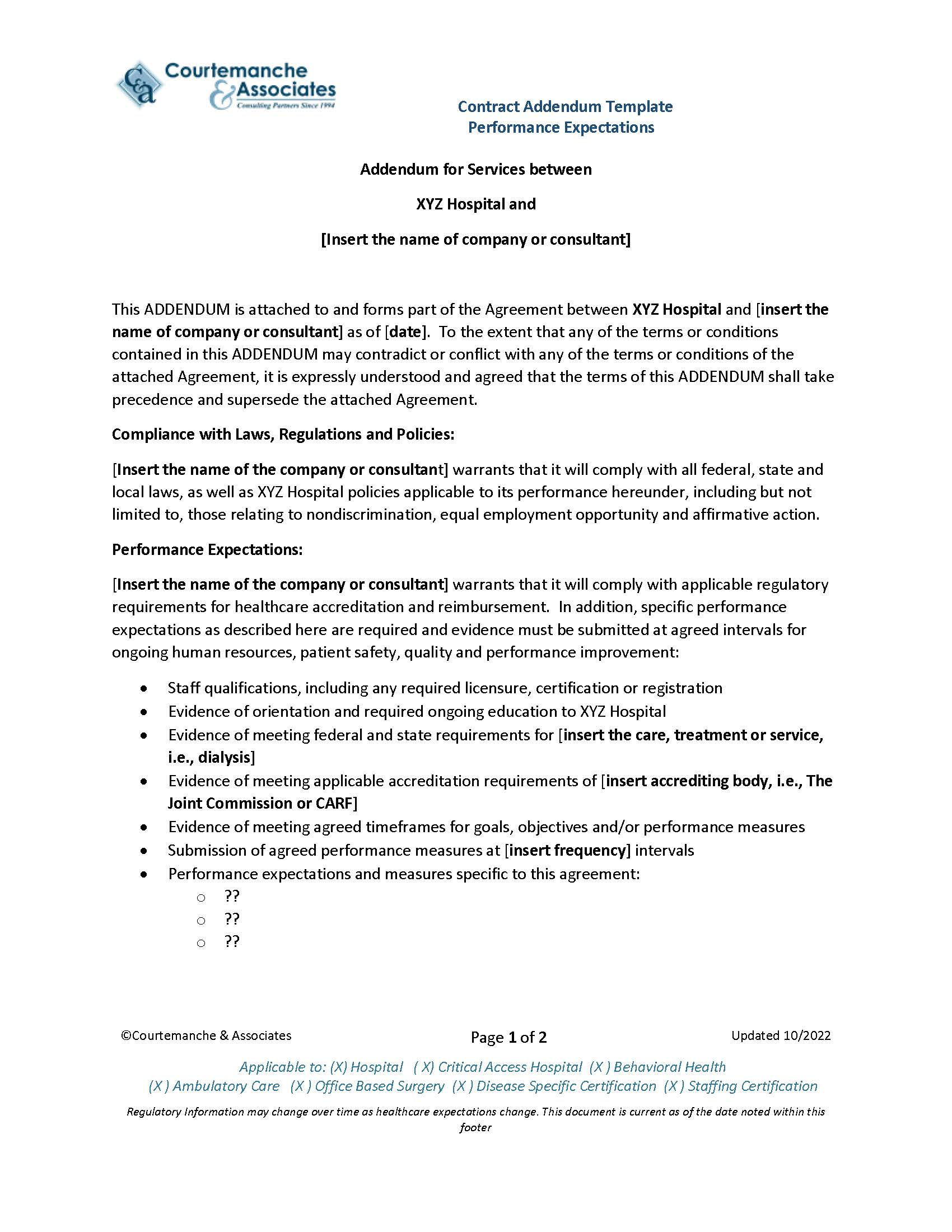 Contract Addendum Template For Clinical Performance Metrics throughout Addendum Sample Template