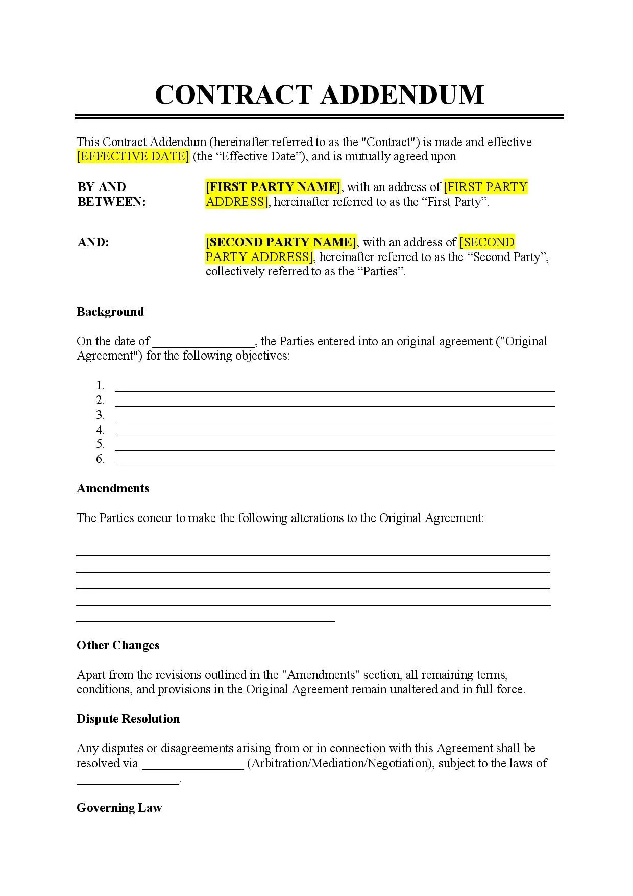 Contract Addendum Template - Free Download - Easy Legal Docs in Addendum Sample Template