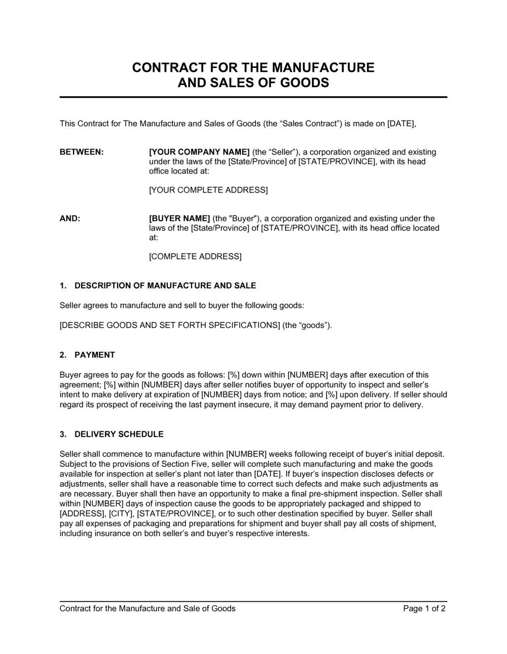 Contract For The Manufacture And Sale Of Goods Template 2024 with regard to Sales Contract Sample Template