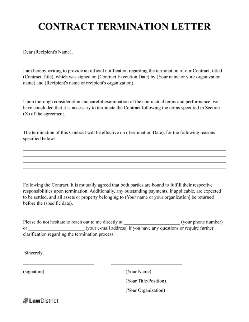 Contract Termination Letter Template | Download &amp;amp; Print | Lawdistrict regarding Termination Letter Template Sample