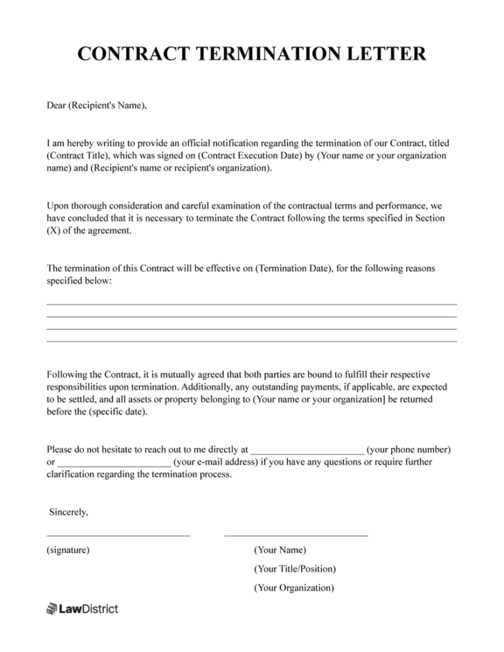 Contract Termination Letter Template Sample