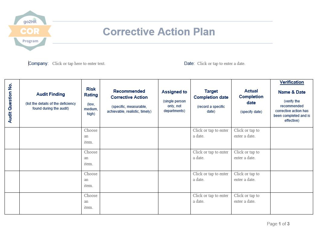 Corrective Action Plan Template | Go2Hr | Cor for Corrective Action Plan Sample Template