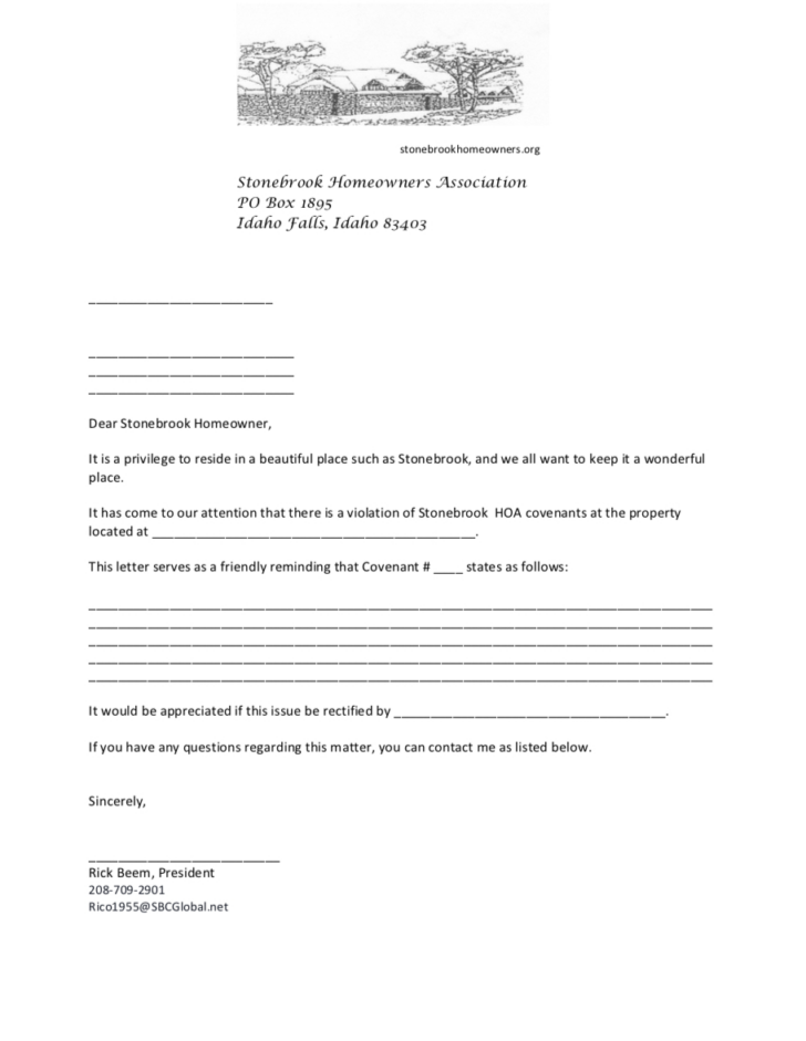 HOA Violation Letter Sample Template