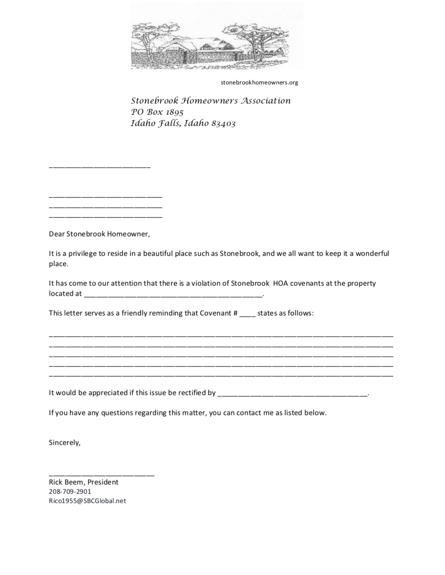 Covenant Violation Form Letter — Stonebrook Hoa in Hoa Violation Letter Sample Template