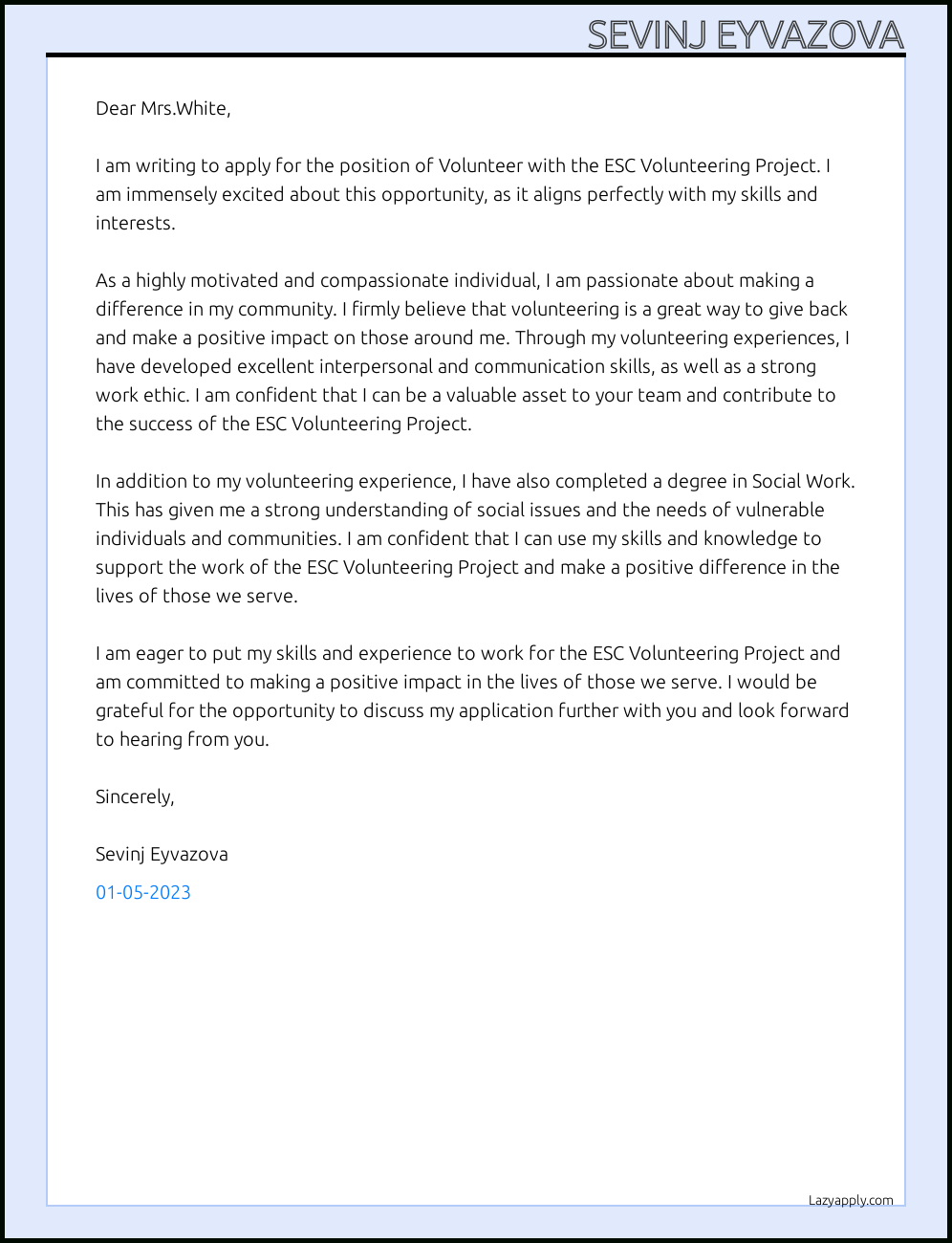 Cover Letter For Volunteer - Lazyapply in Volunteer Letter Sample Template