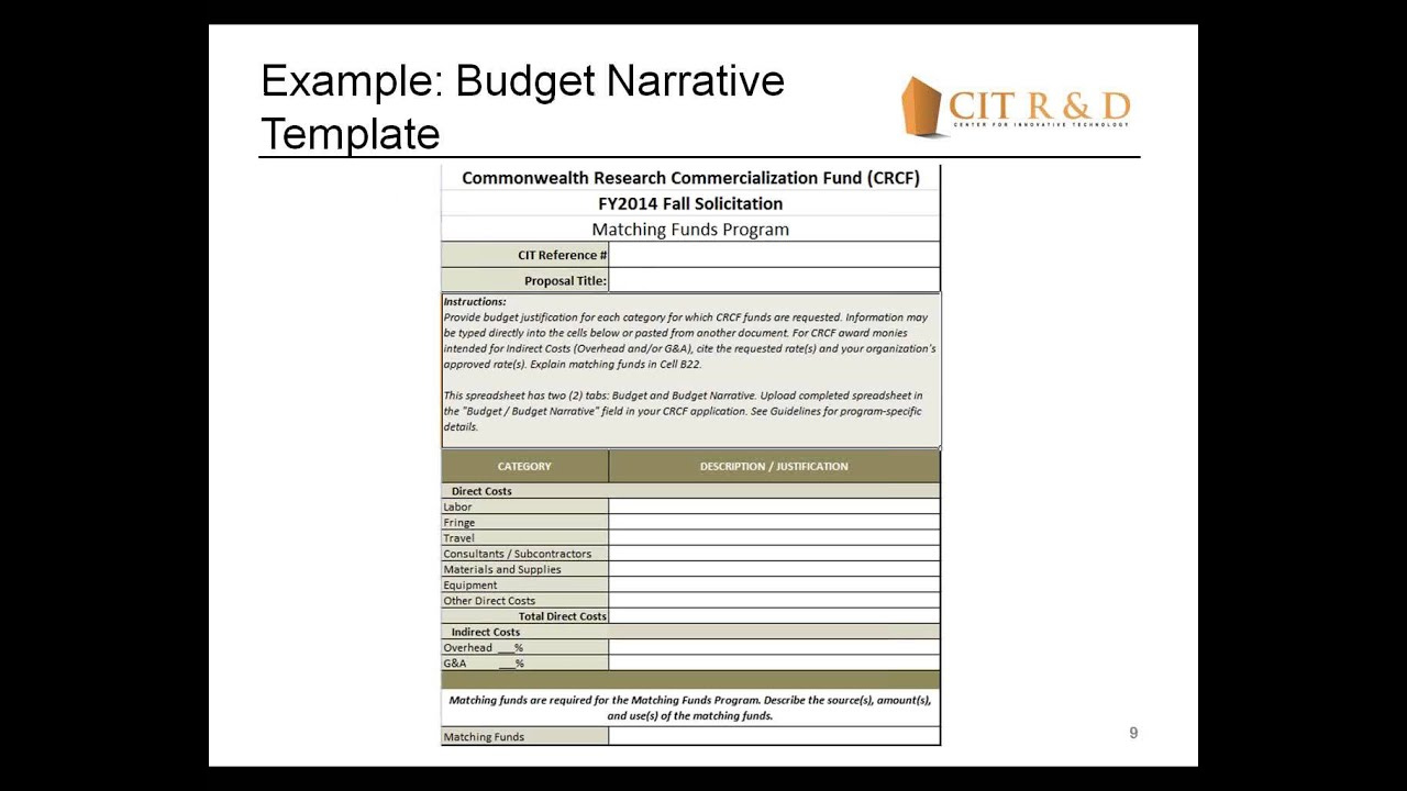 Crcf Fy2014 Fall Solicitation: Completing The Budget/Budget Narrative throughout Budget Narrative Sample Template