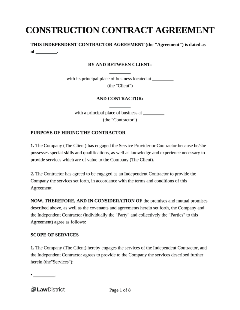 Create A Construction Contract Agreement | Lawdistrict regarding Construction Contract Template Sample