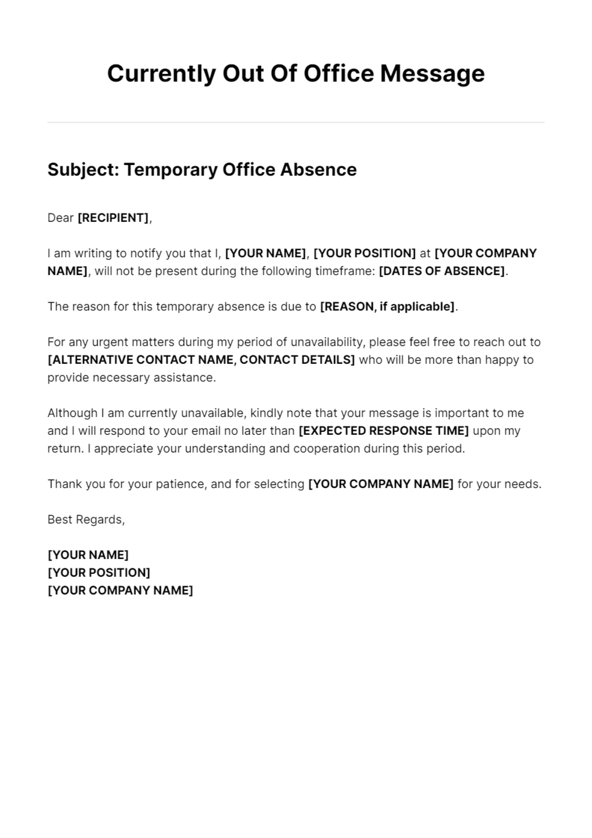 Currently Out Of Office Message Template - Edit Online &amp;amp; Download with Out Of Office Sample Template