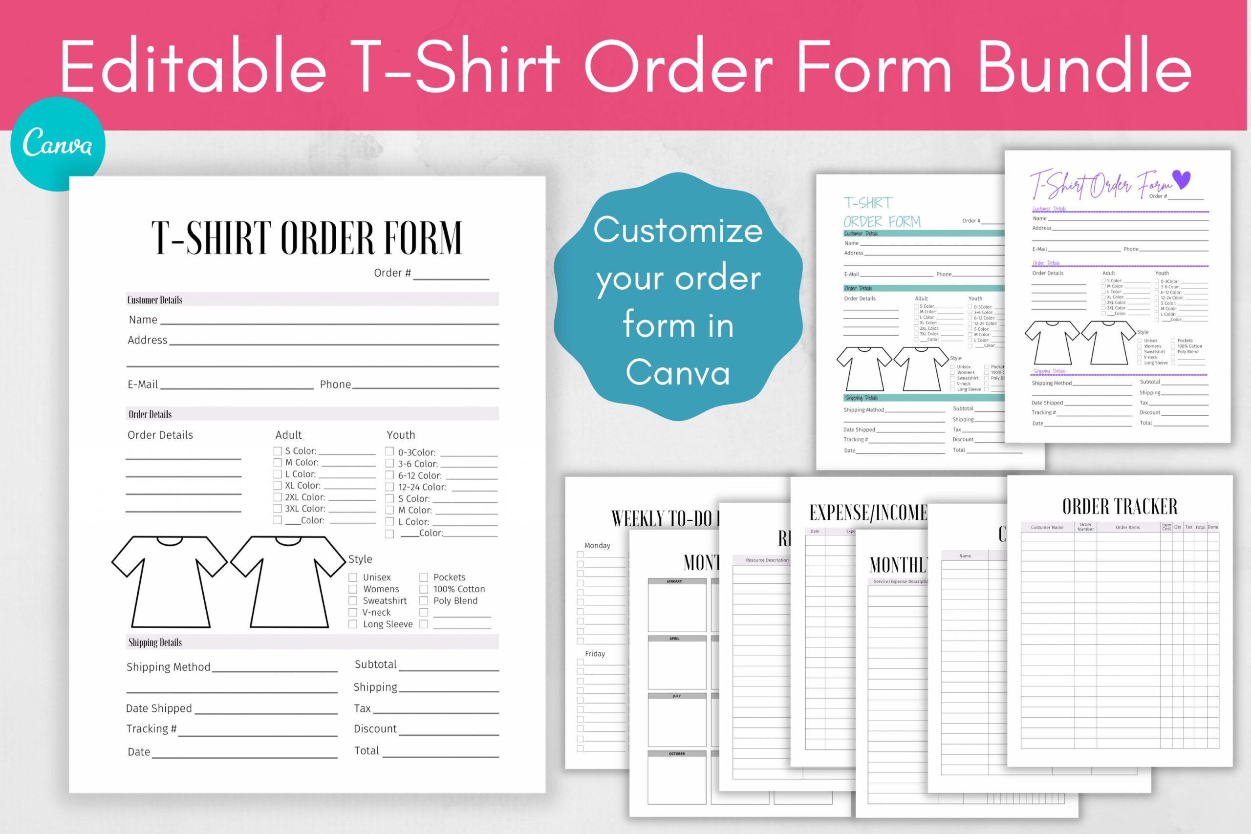 Custom T-Shirt Order Form And Trackers Canva Template in Sample Apparel Order Form Template