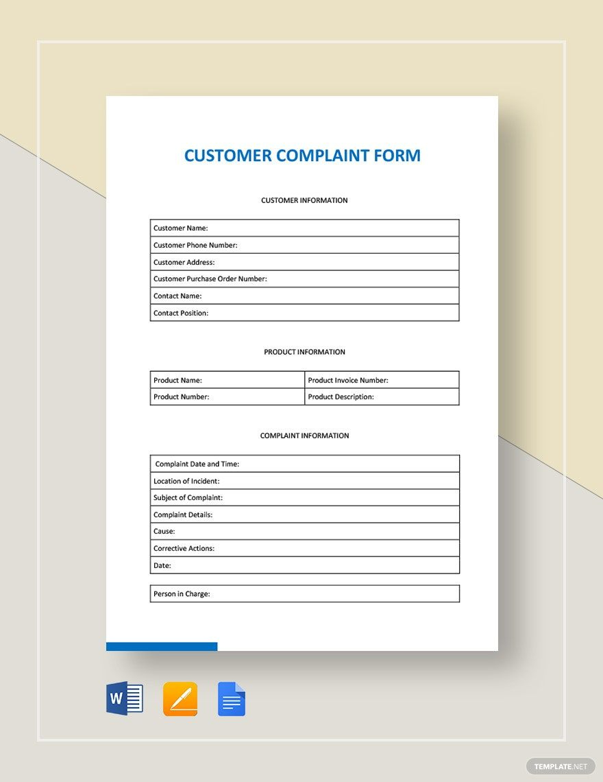 Customer Complaint Form Template In Pages, Word, Google Docs intended for Complaint Form Sample Template