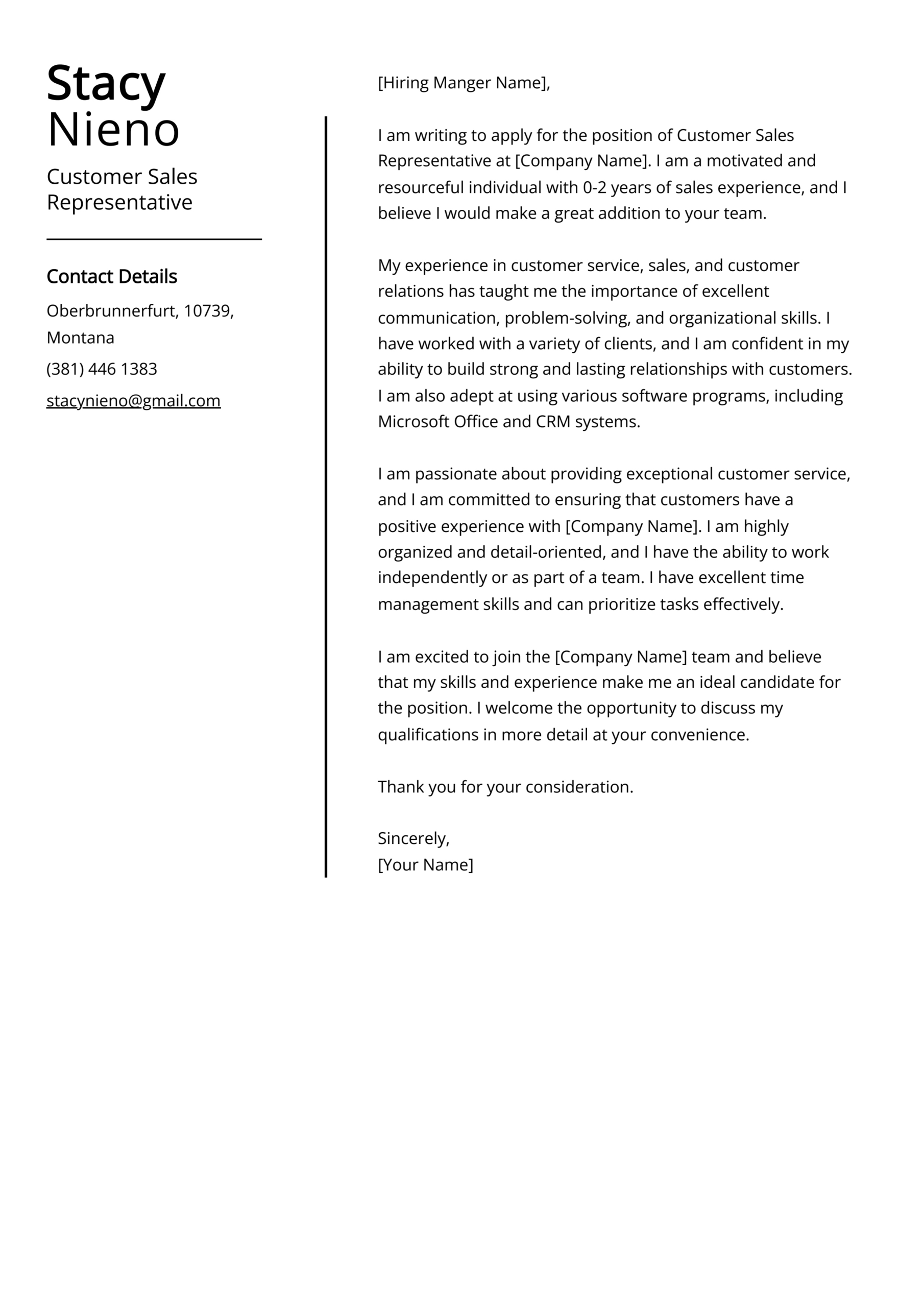 Customer Sales Representative Cover Letter Example (Free Guide) regarding Sales Cover Letter Sample Template