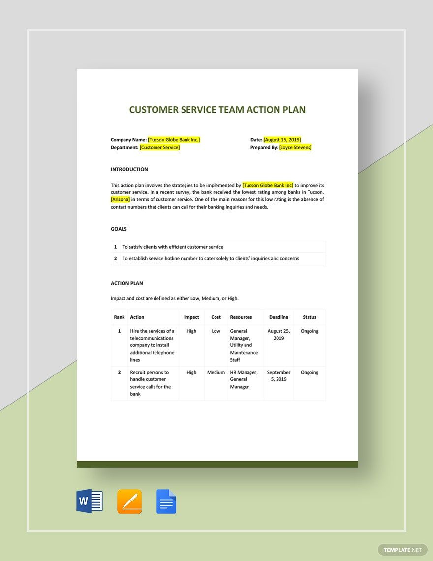 Customer Service Action Plan Template In Word, Pages, Google Docs throughout Customer Service Plan Sample Template