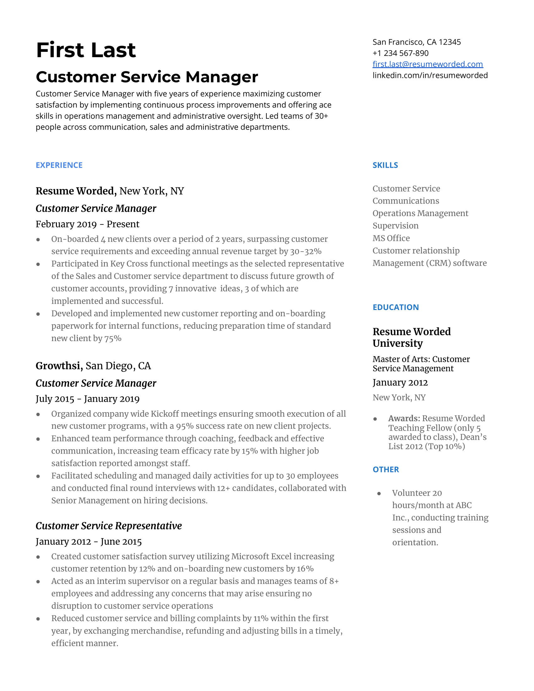 Customer Service Manager Resume Examples For 2024 | Resume Worded intended for Customer Service Manager Resume Sample Templates