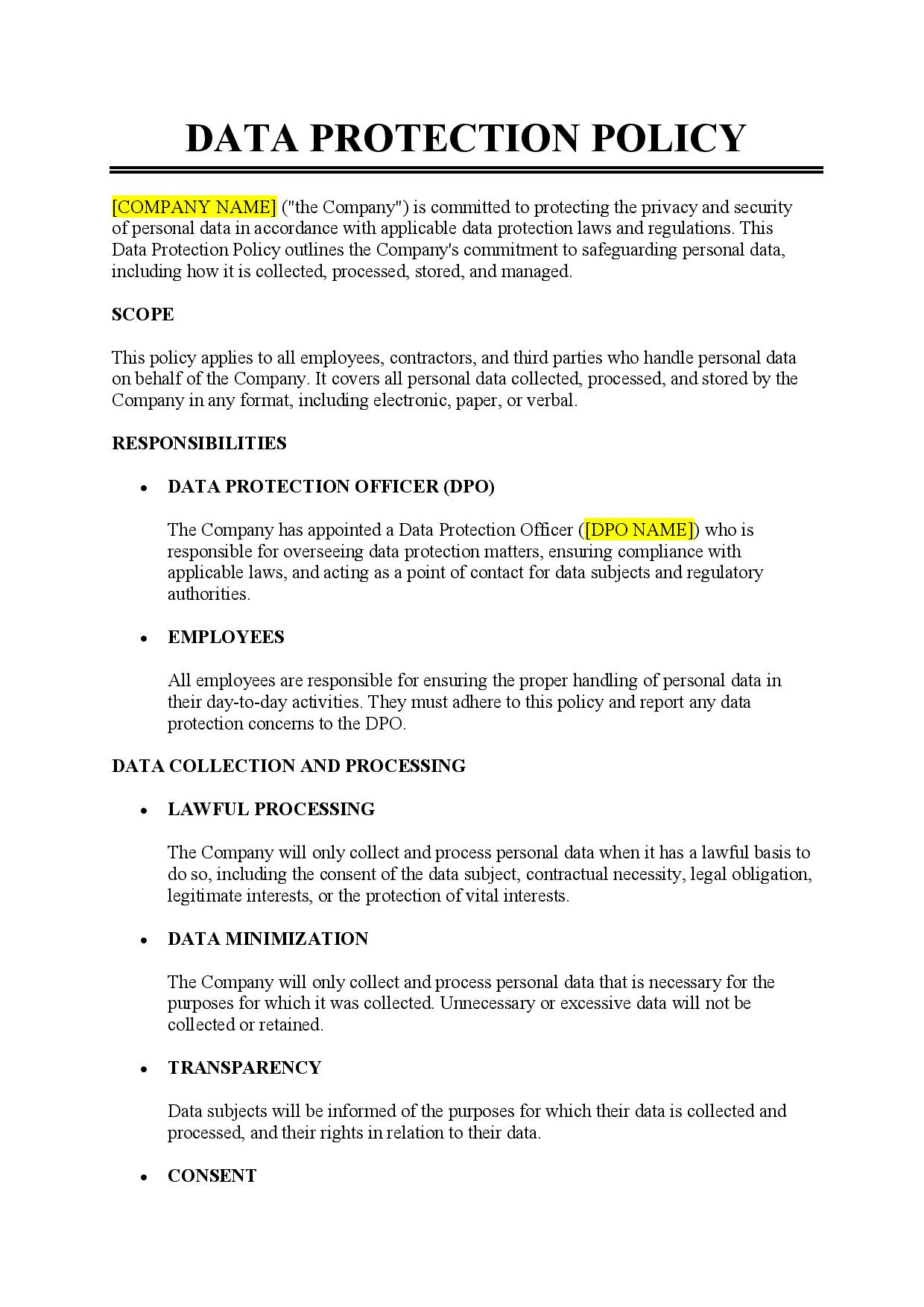 Data Protection Policy Template - Free Download - Easy Legal Docs with regard to Information Security Policy Template Sample