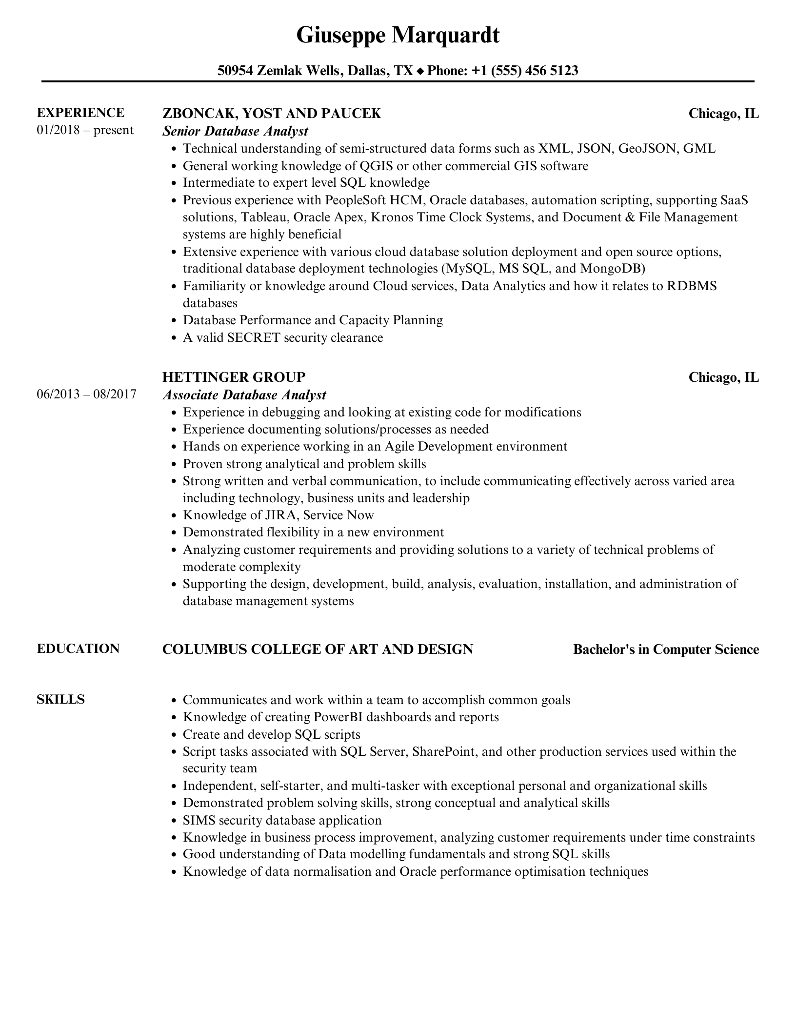 Database Analyst Resume Samples | Velvet Jobs for H1B Job Description With Duties And Percentages Sample Template