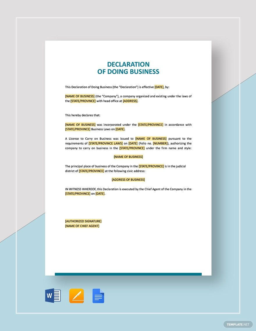 Declaration Of Doing Business Template In Google Docs, Pages, Word in Declaration Sample Template