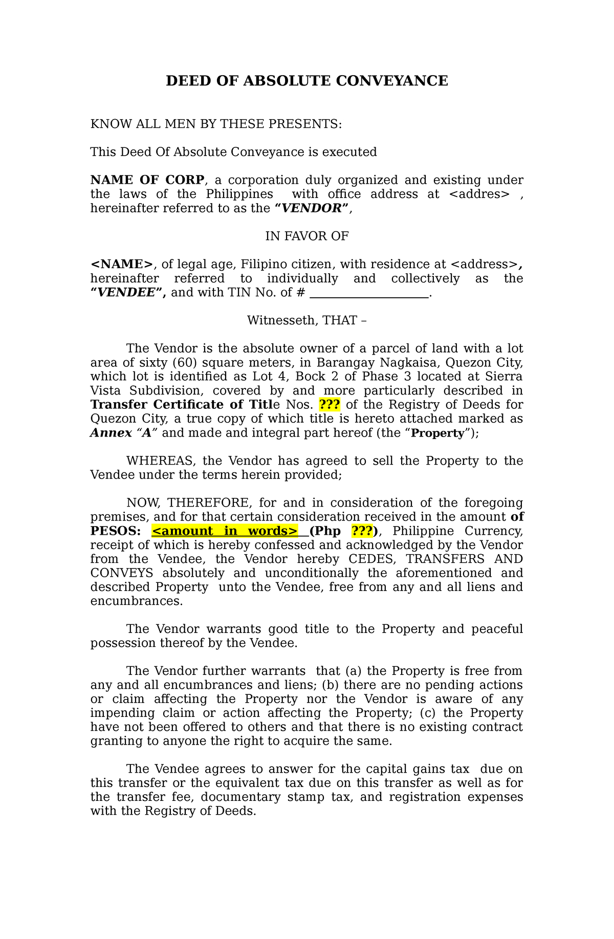 Deed Of Absolute Conveyance Template - Deed Of Absolute Conveyance inside Deed of Conveyance Sample Template