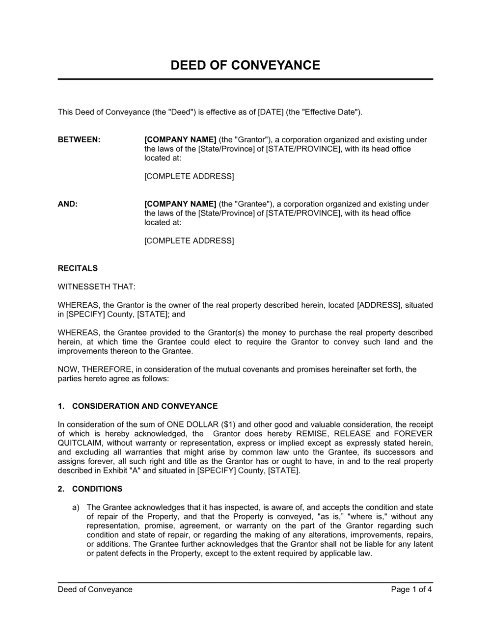 Deed Of Conveyance Template 2024 [Download .Docx] | Business In A Box™ for Deed of Conveyance Sample Template