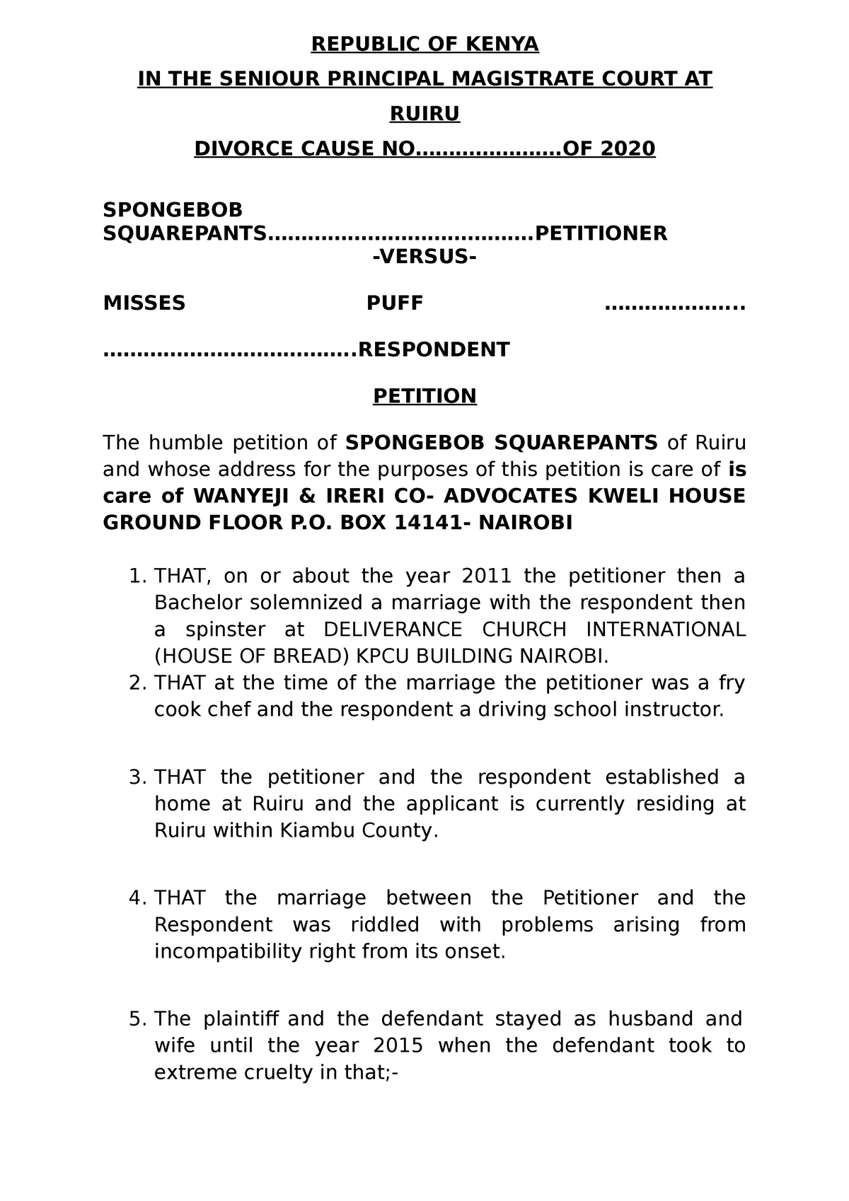 Divorce Petition As It Should Be Filled In Court - Family Law within Divorce Petition Sample Template