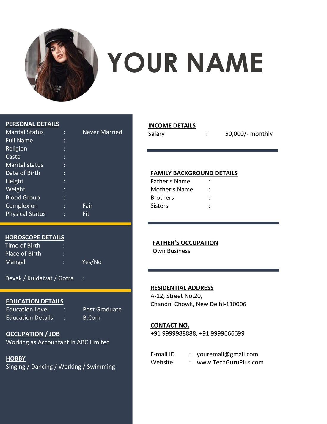 Download – Template For Marriage Biodata (Word-Pdf) Editable for Bio Data Sample Template For Marriage