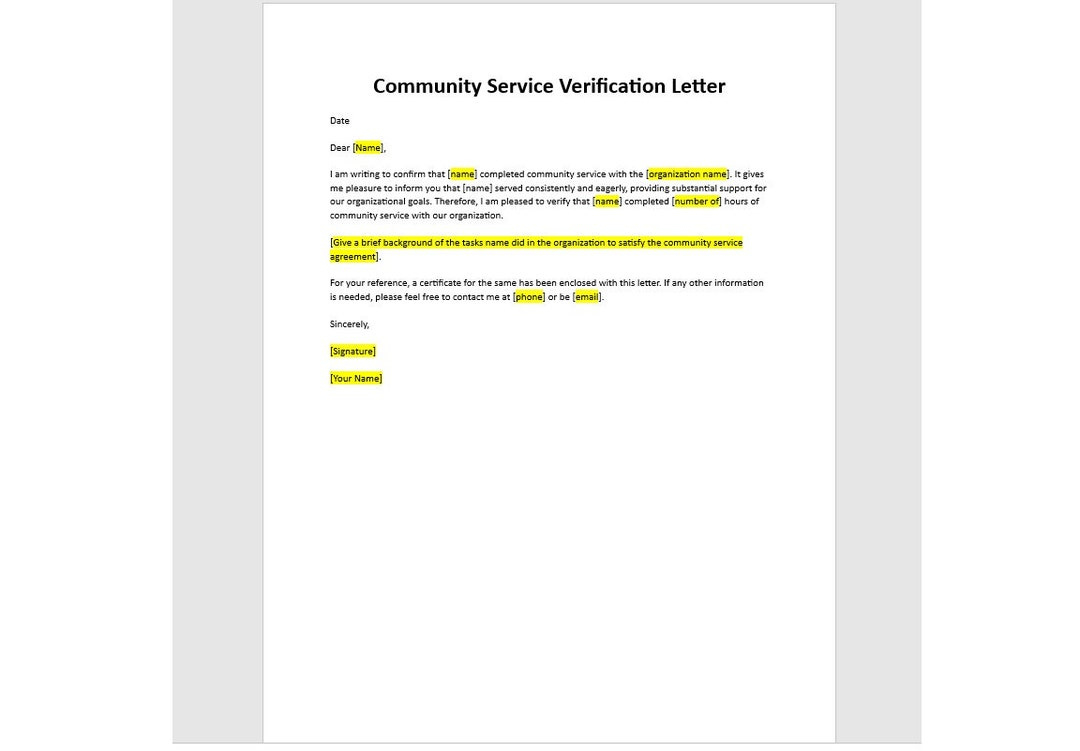 Editable Community Service Verification Letter Template, Community within Community Service Letter Template Sample