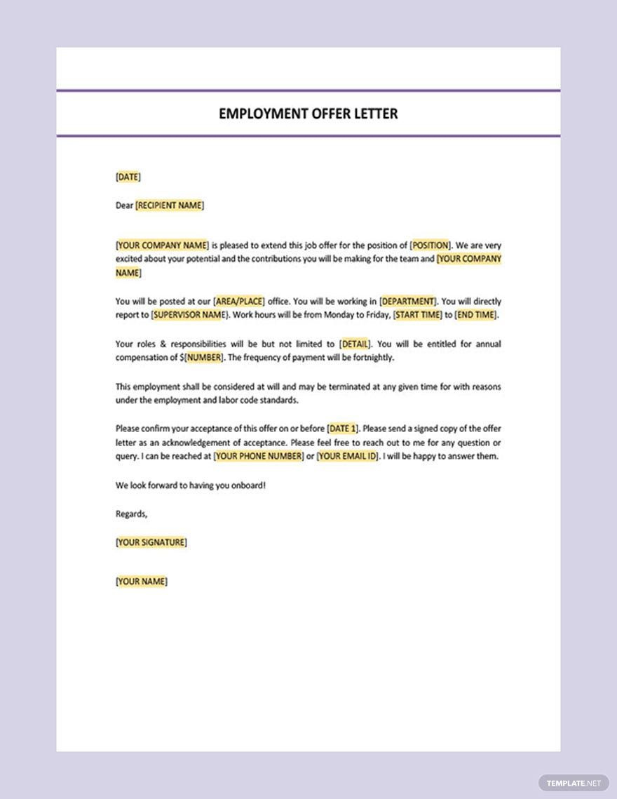 Editable Employment Offer Letter Template In Google Docs, Word pertaining to Employment Offer Letter Template Sample