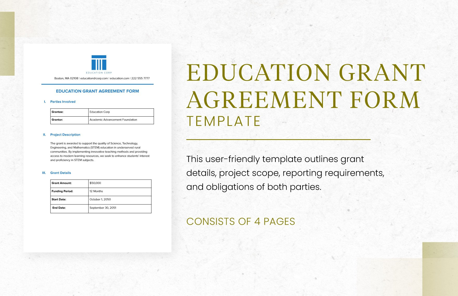 Education Grant Agreement Form Template In Word, Pdf, Google Docs regarding Grant Agreement Sample Template