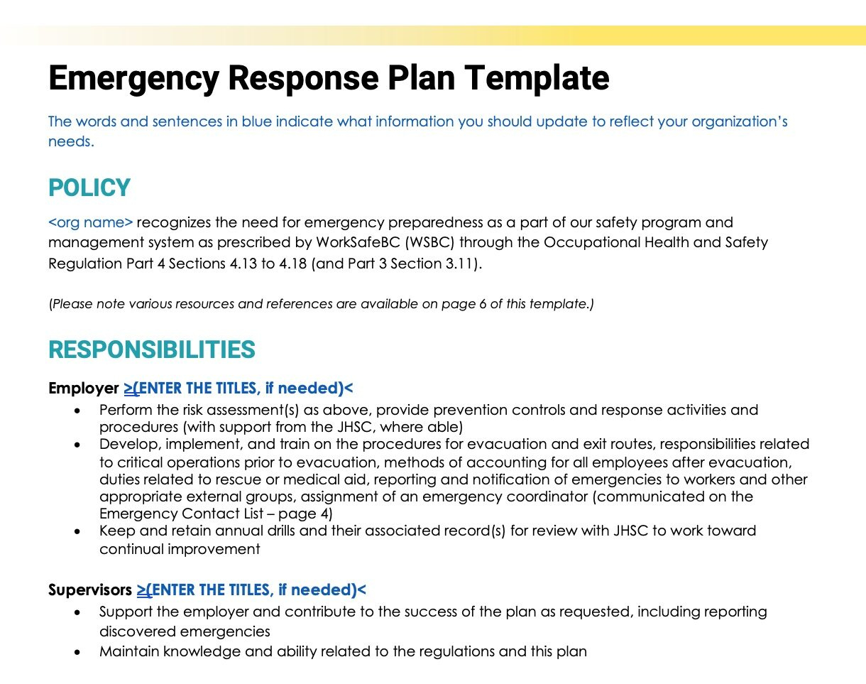 Emergency Response Plan Template | Actsafe Safety Association with Emergency Action Plan Template Sample