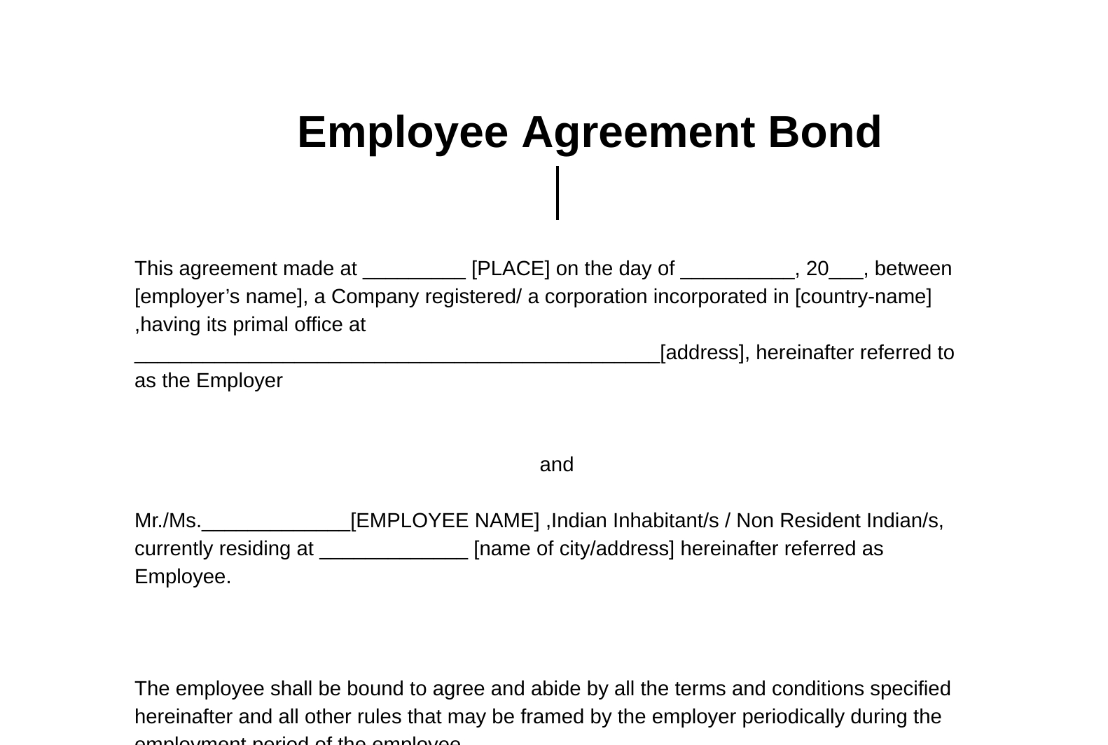 Employee Agreement Bond, Or Contract Format Sample Templates inside Bond Sample Template