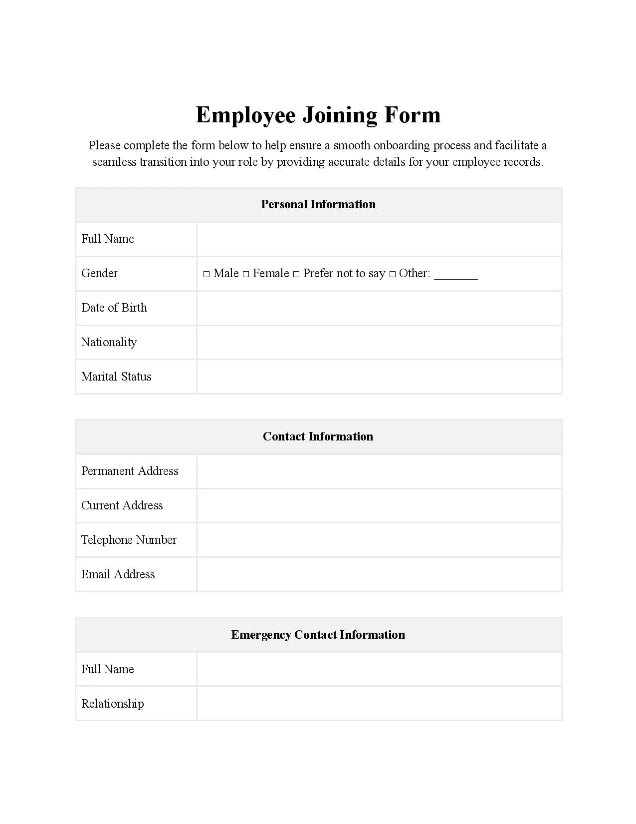 Employee Joining Form Template - Free Download - Easy Legal Docs with regard to Hr Forms Sample Templates