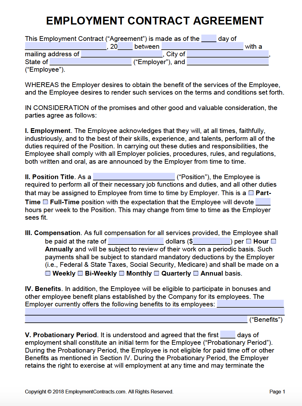 Employment Agreements / Contracts | Pdf | Word with Employment Contract Template Sample