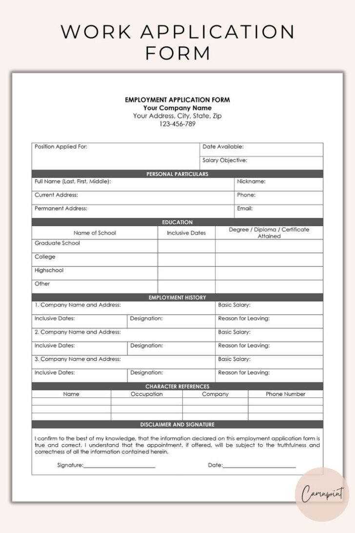 Employment Application Form Template Sample