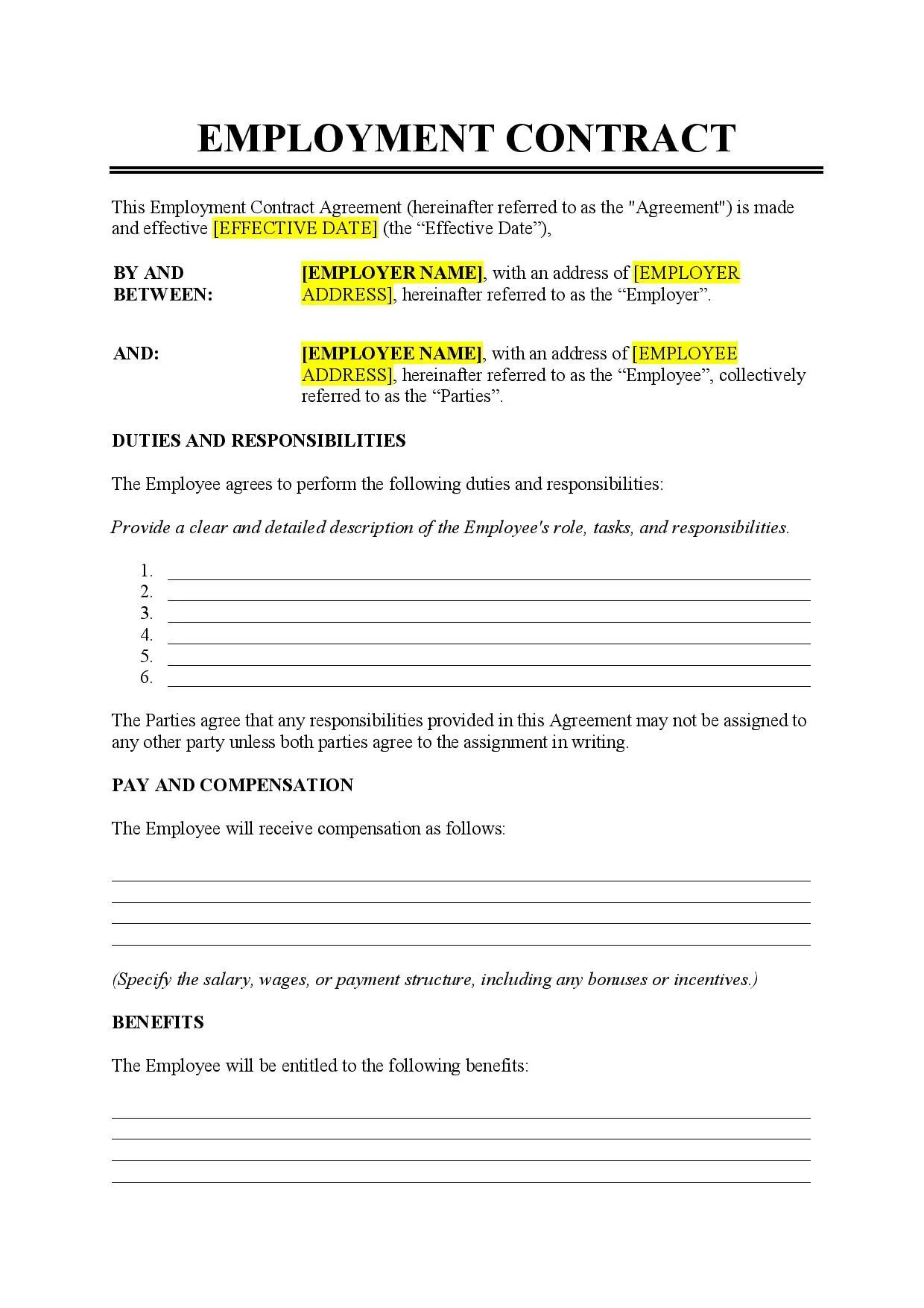 Employment Contract Agreement Template - Free Download - Easy intended for Employment Contract Template Sample