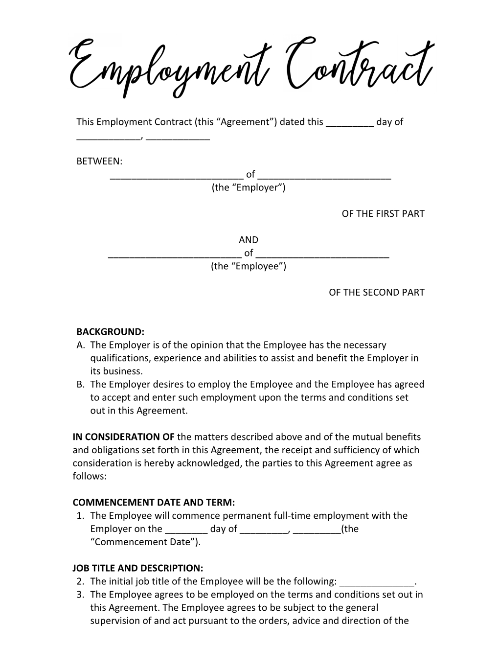 Employment Contract, Contract Of Employment, Employment Agreement with Employment Contract Template Sample