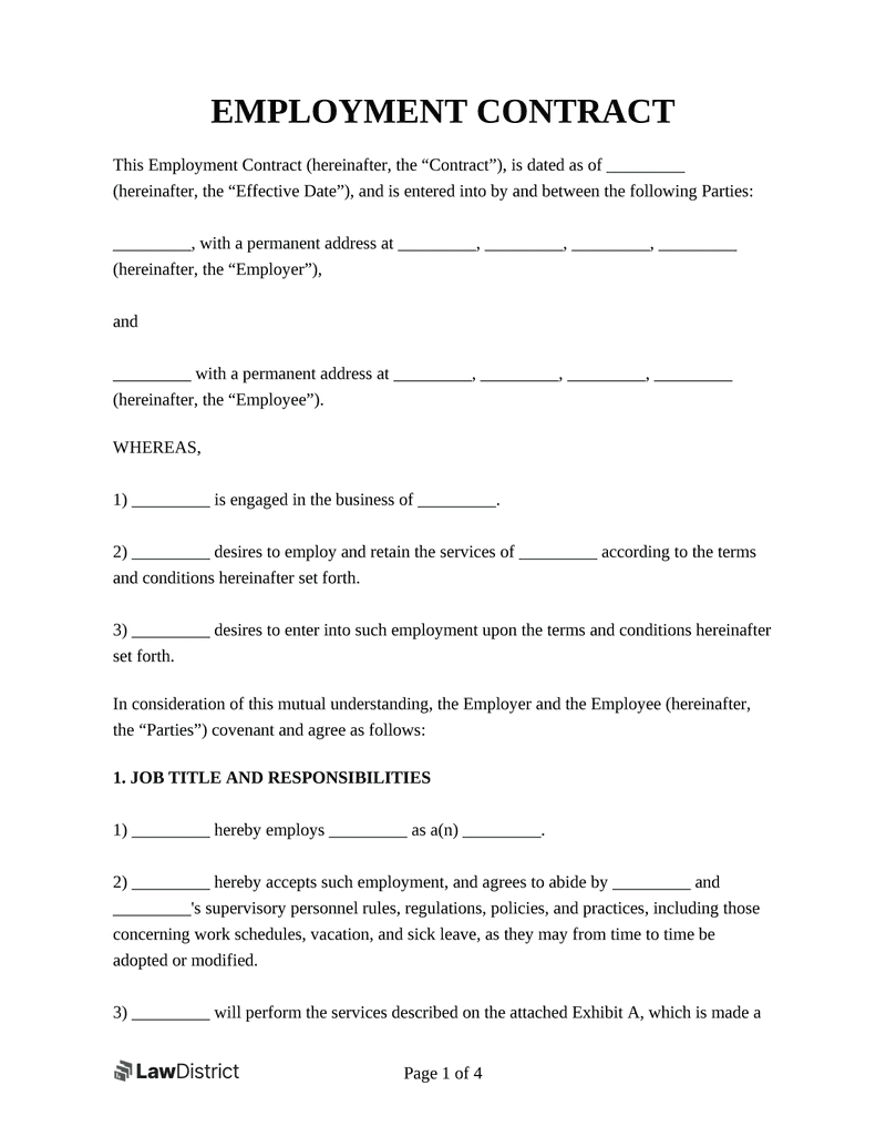 Employment Contract Template | Free Contract Agreement | Lawdistrict within Agreement Contract Sample Template