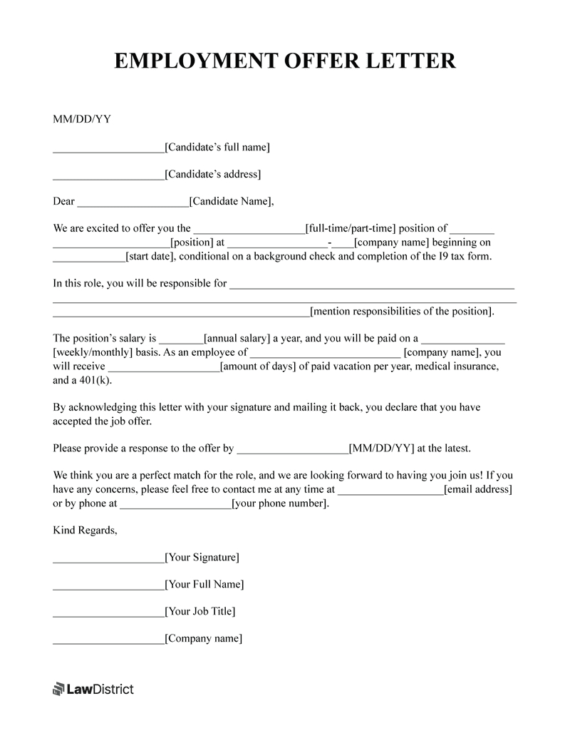 Employment Offer Letter Template | Sample &amp;amp; Pdf | Lawdistrict pertaining to Job Offer Letter Sample Template