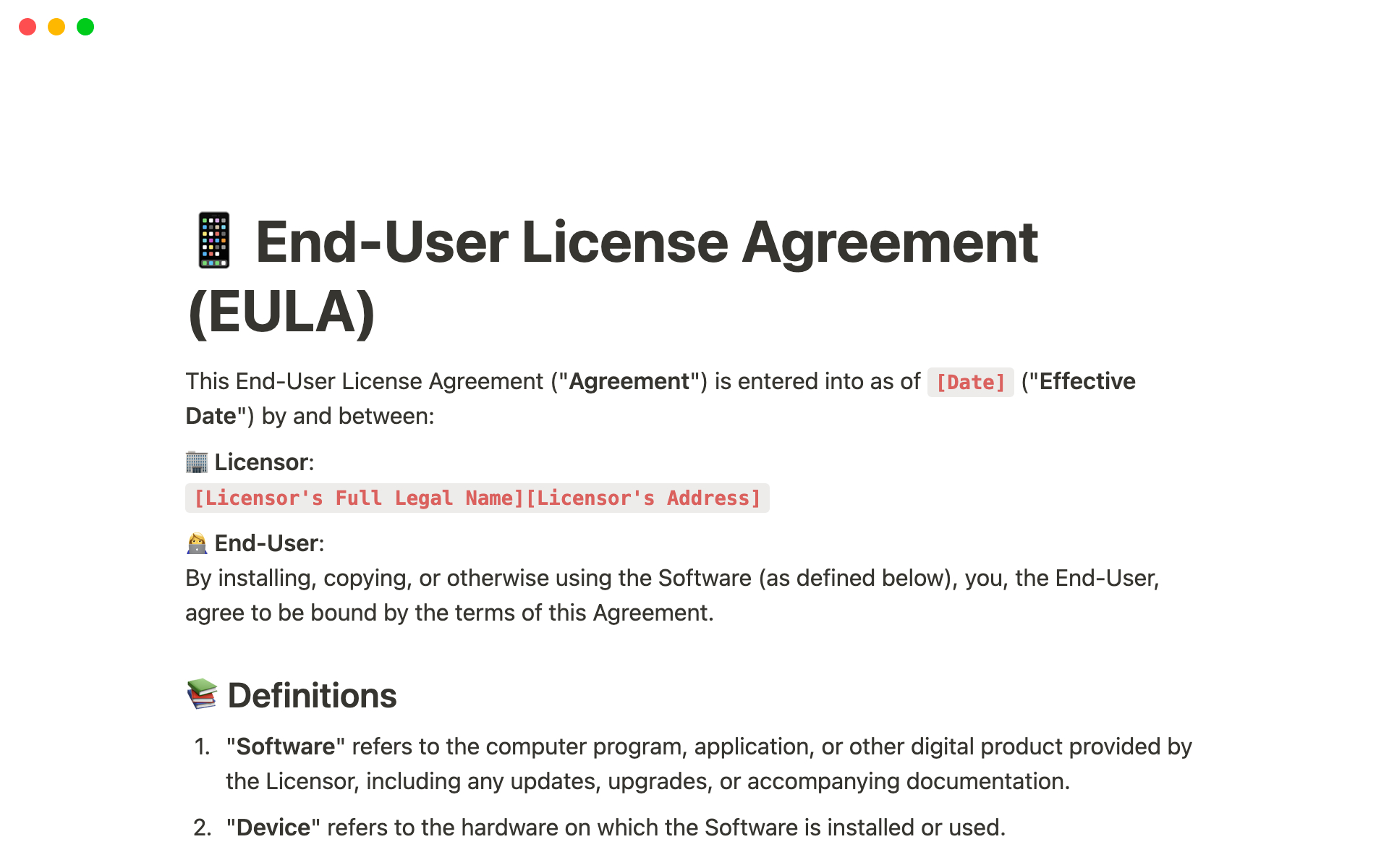 End-User License Agreement (Eula) | Notion Template for Eula Sample Template