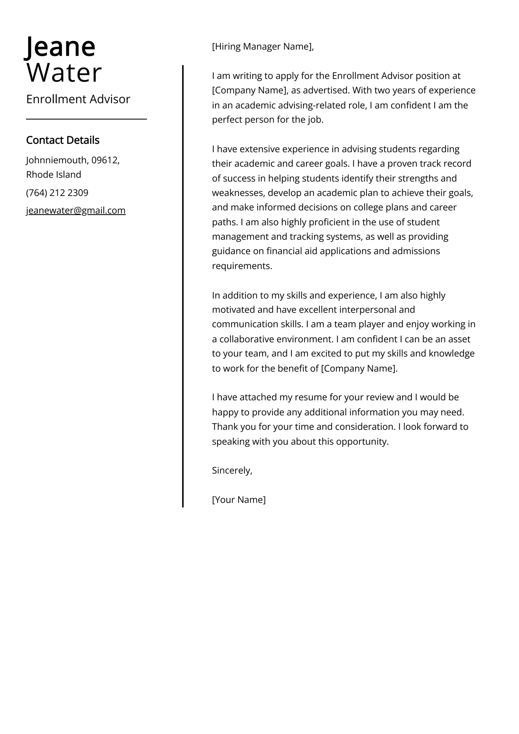 Enrollment Advisor Cover Letter Example For 2024 (Skills &amp;amp; Templates) regarding Informative Letter Sample Template