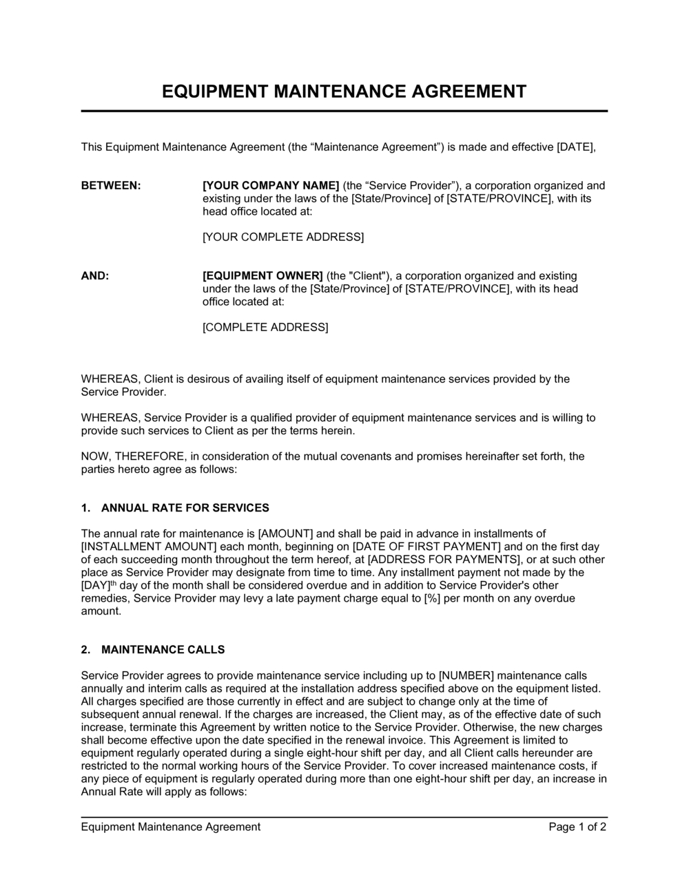 Equipment Maintenance Agreement Template 2024 [Download .Docx pertaining to Maintenance Agreement Sample Template