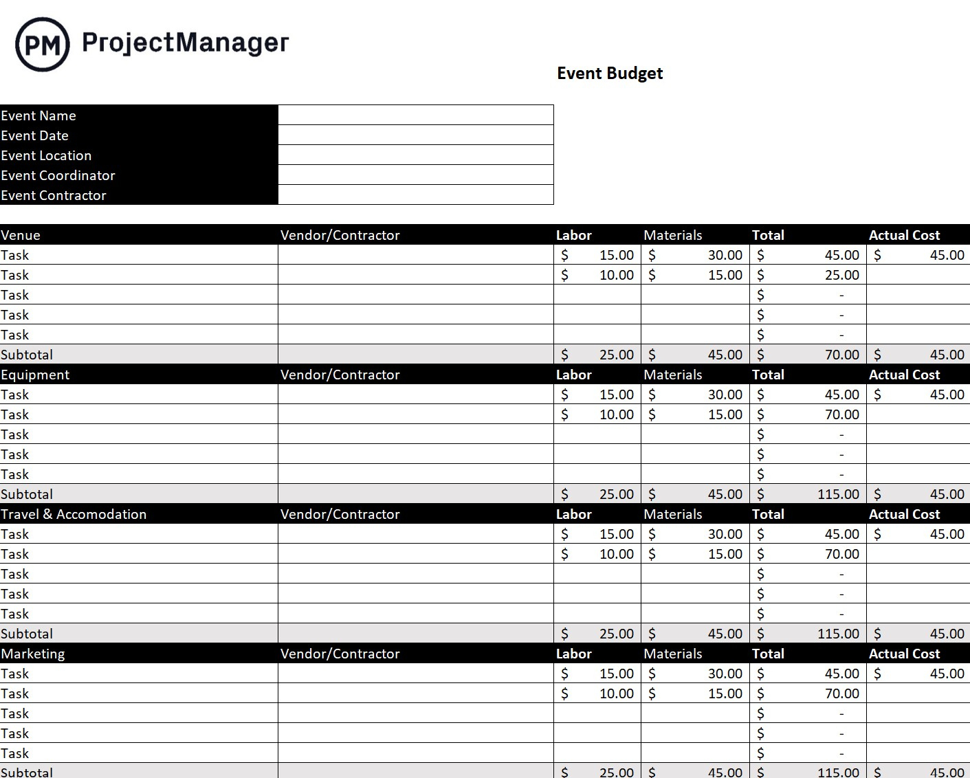 Event Budget Template For Excel (Free Download) for Event Budget Sample Template