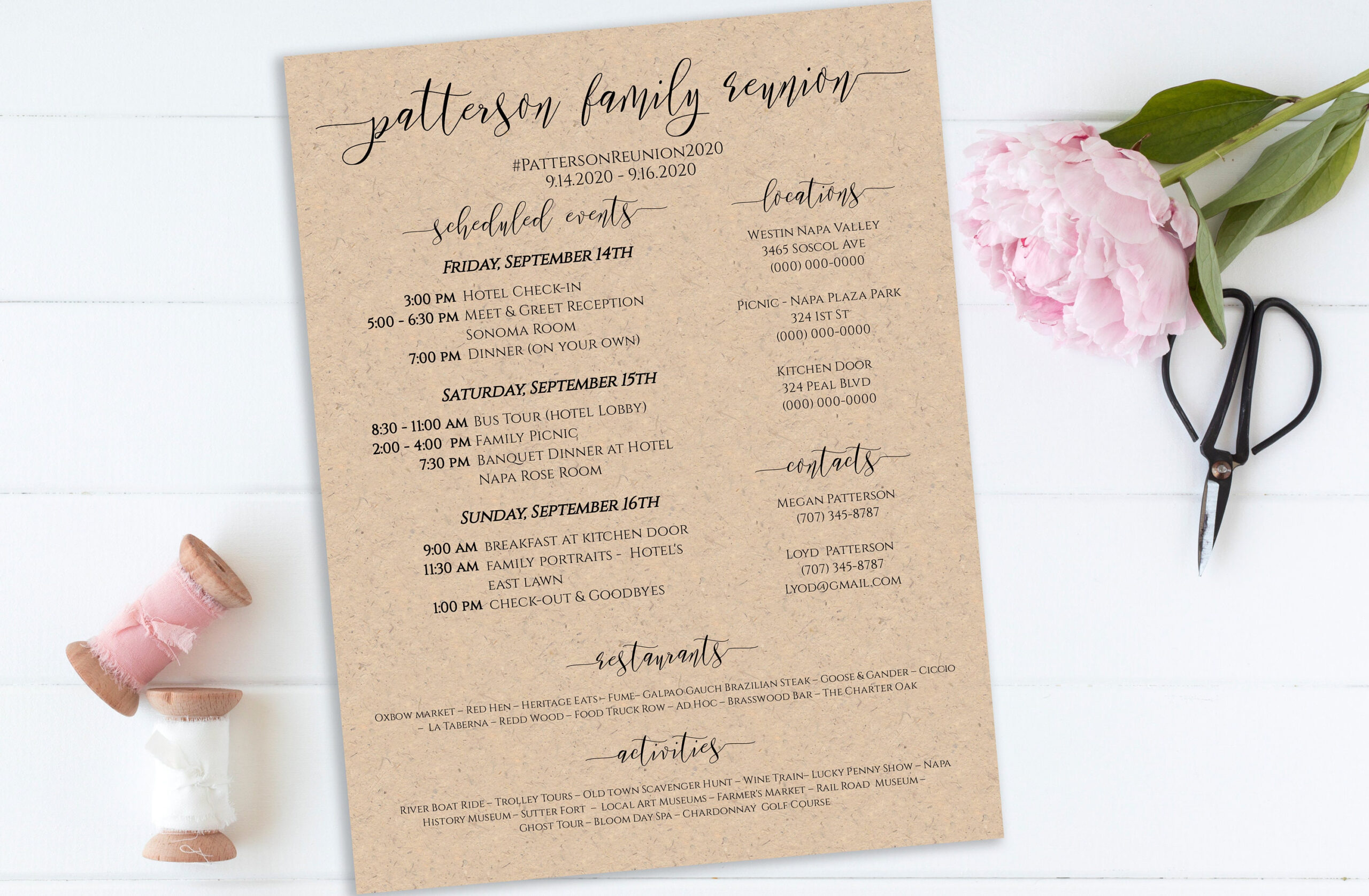 Event Itinerary &amp;amp; Details, Family Reunion Weekend Printable, Work in Family Reunion Program Sample Templates