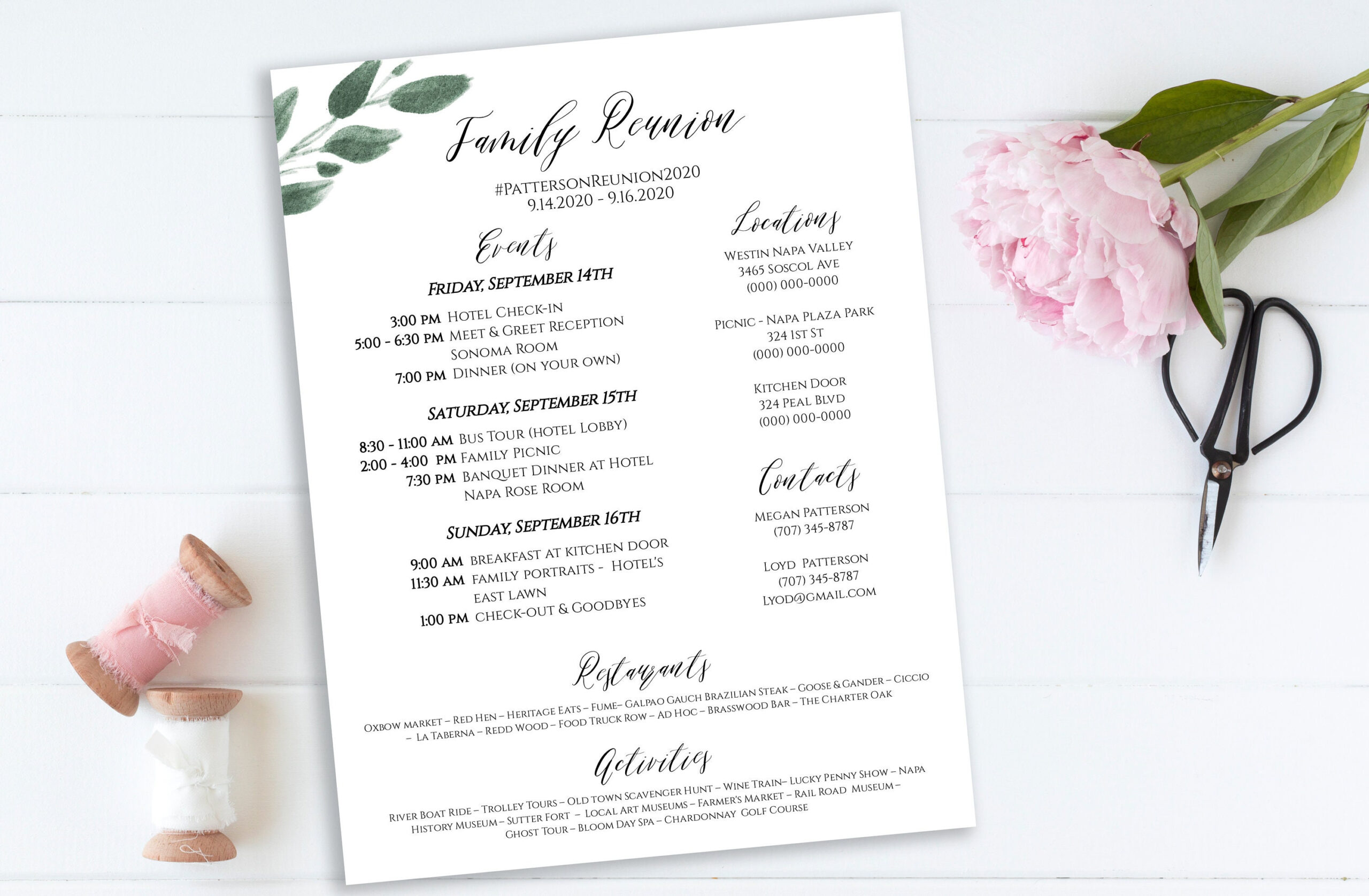 Event Itinerary &amp;amp; Details, Greenery Family Reunion Weekend inside Family Reunion Program Sample Templates