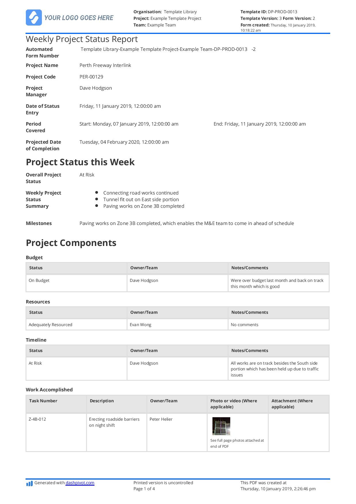 Example Of A Project Status Report To Copy, Use, Download Or Print intended for Status Report Template Sample