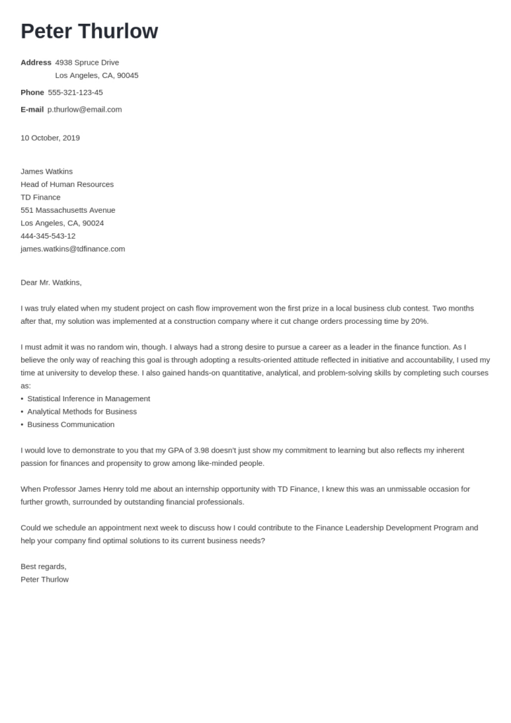 Internship Letter of Intent Sample Template