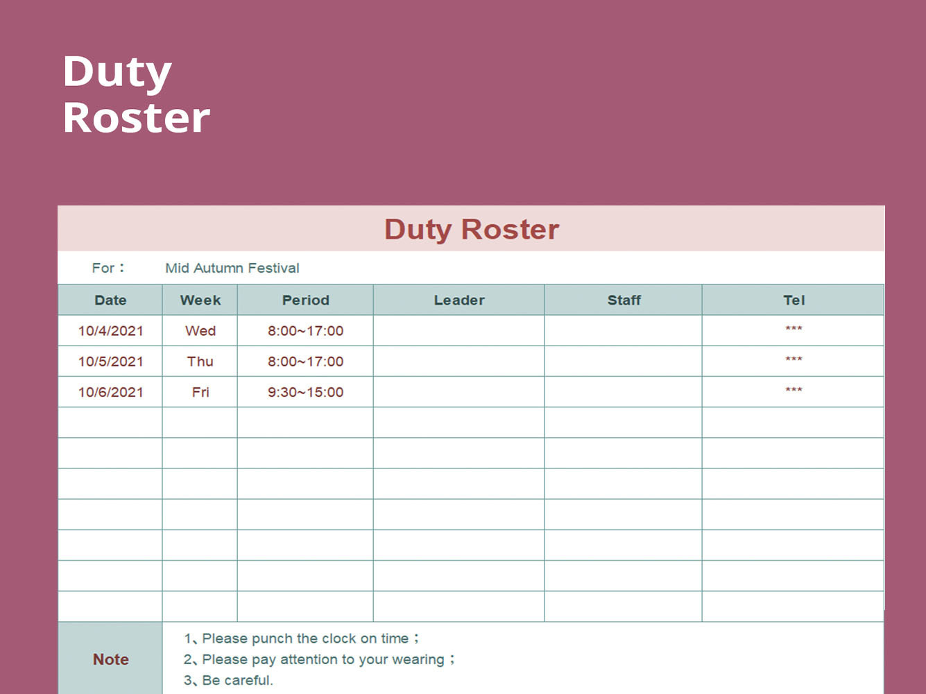 Excel Of Duty Roster Form.xlsx | Wps Free Templates regarding Duty Roster Sample Template